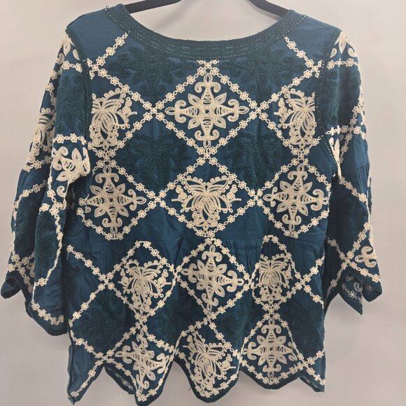 Kindred x Anthropologie Blue Woven Embroidered Asymmetrical Boho Blouse Small - Picture 2 of 11